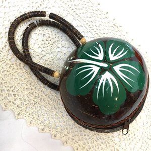 Hawaiian Tiki  Coconut Shell  Hand Painted Purse w/ Hibiscus Flowers